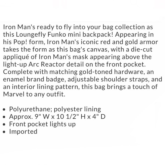 LOUNGEFLY FUNKO POP! MARVEL IRON MAN Light Up MINI BACKPACK! - Picture 8 of 8